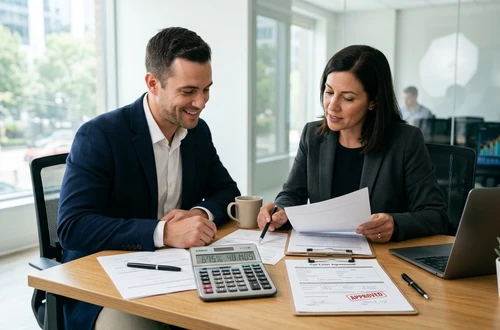 Meridian loan advisor reviewing documents with client